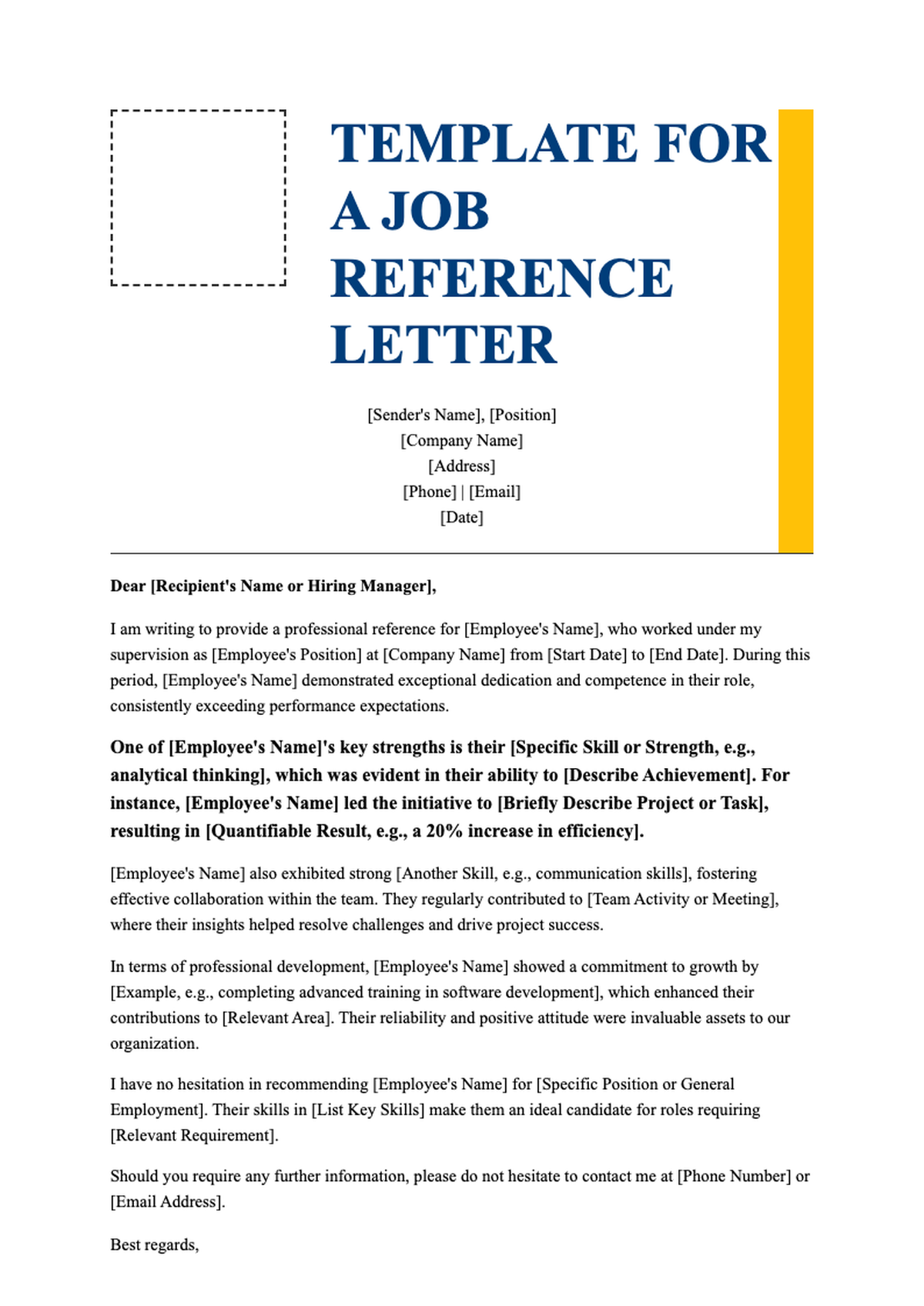 Professional job reference letter template with placeholder fields and yellow accents_variant_1